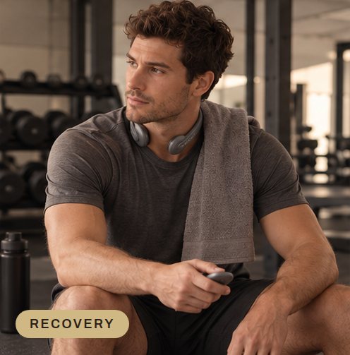 Man resting at the gym after a workout wearing Nervelo