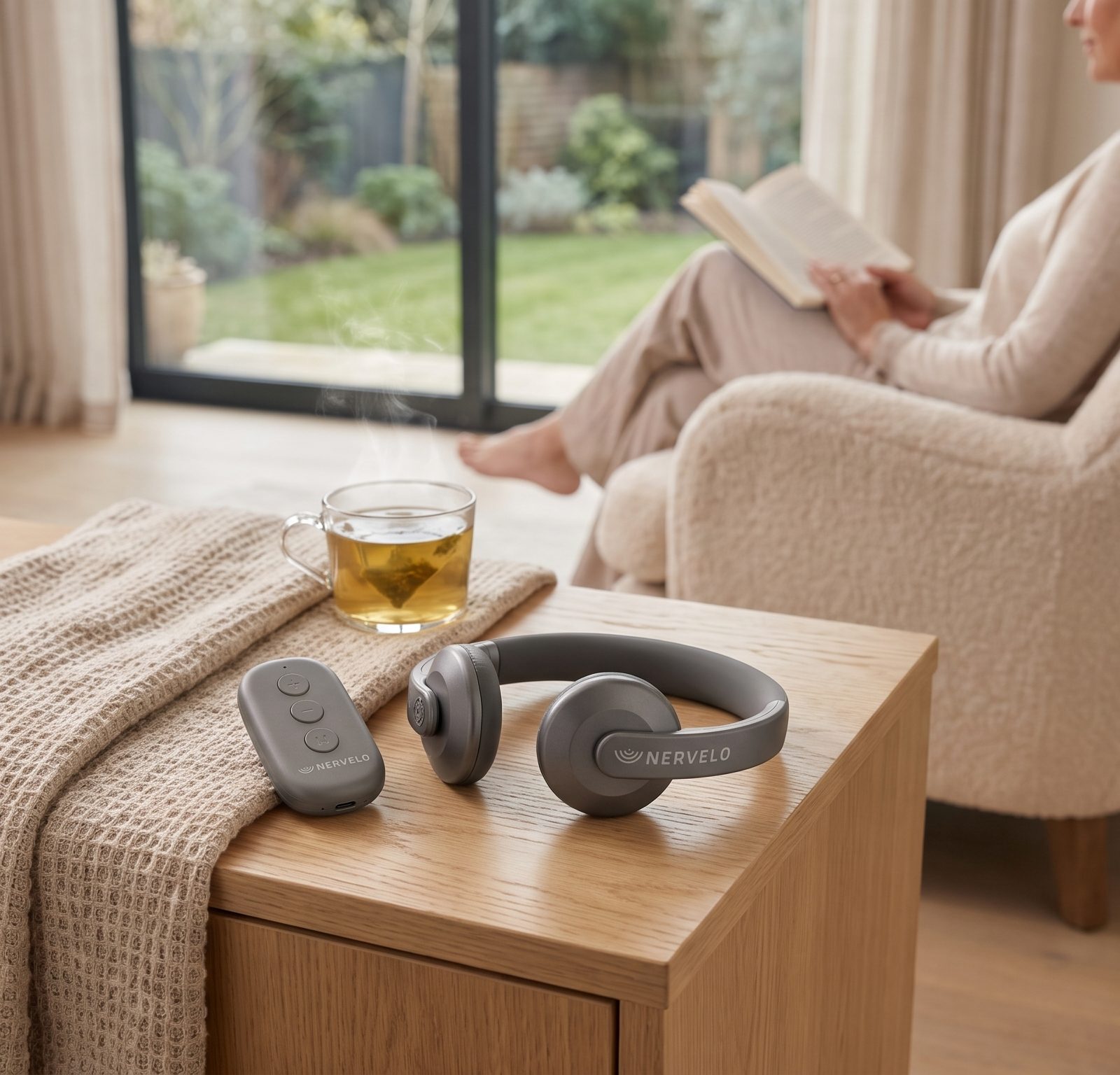 Nervelo neck wellness device and remote on a side table, next to a cup of tea, while a woman reads in an armchair
