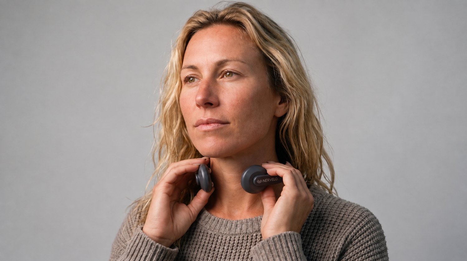 A woman bringing the Nervelo device to the sides of her neck