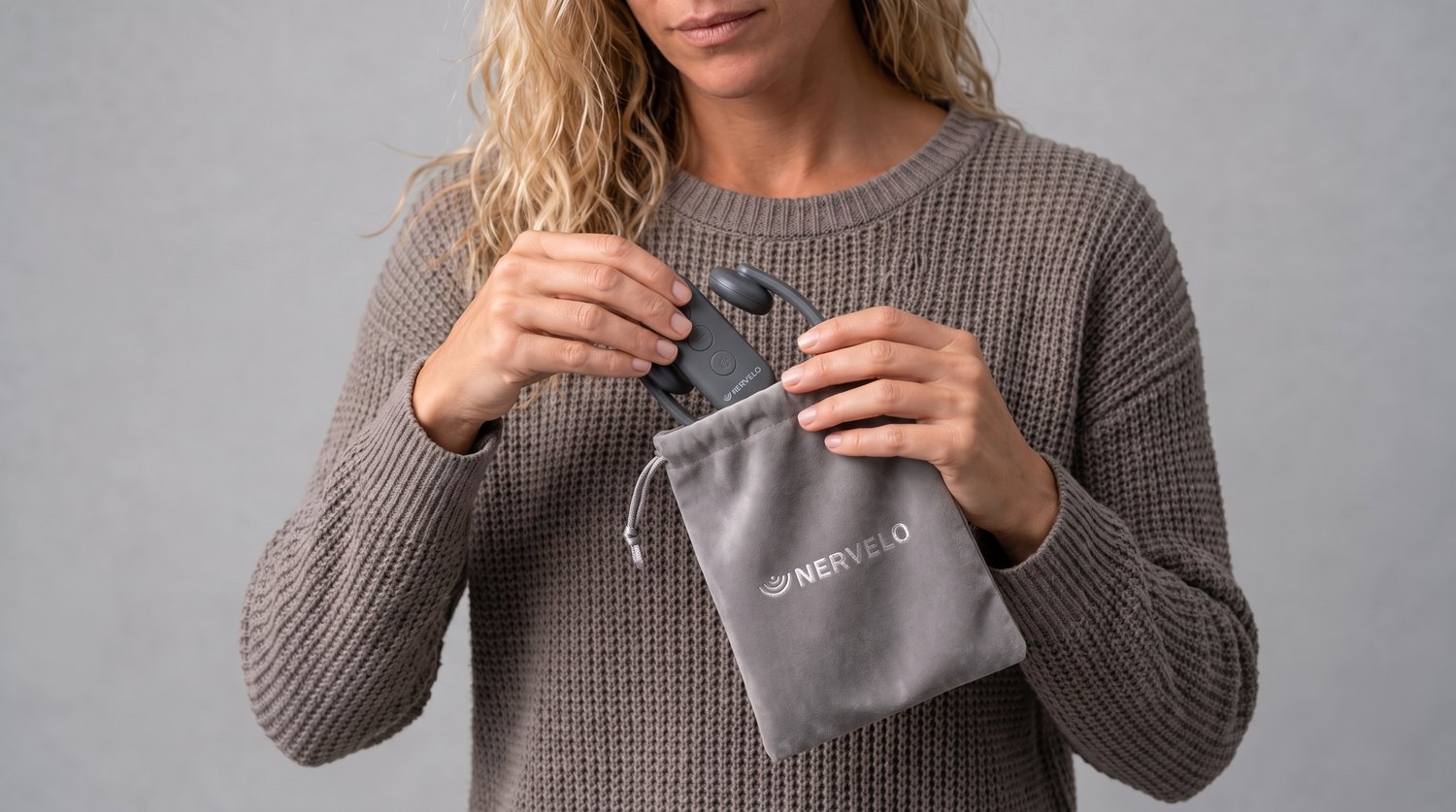 A woman placing the Nervelo device and remote into its soft pouch